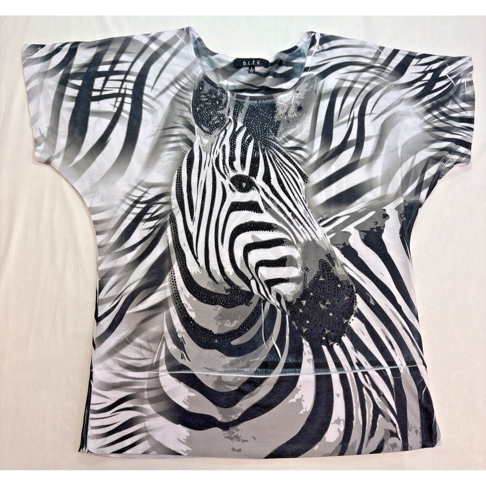 B.L.E.U. Black White Zebra Knit Top Pullover short sleeve